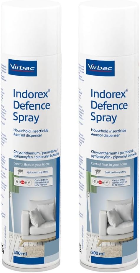 Indorex Defence Household Flea Spray | 2 x 500ml Cans | Protect Home from Fleas & House Dust Mites | Long-Lasting Protection for Up to 12 Months