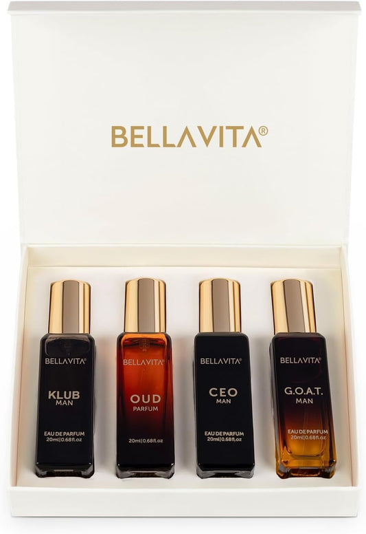 Bellavita Luxury Men's Gift Set - 4×20 ml | CEO Man, Klub, Oud & G.O.A.T. | Woody Citrus Spicy Aromatic Fragrance Set