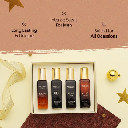 Bellavita Luxury Men's Gift Set - 4×20 ml | CEO Man, Klub, Oud & G.O.A.T. | Woody Citrus Spicy Aromatic Fragrance Set