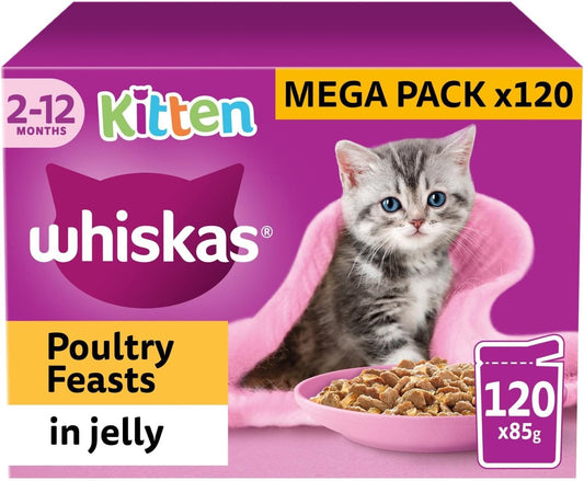 120 x 85g Whiskas Kitten Poultry Feasts Mixed Wet Cat Food Pouches in Jelly
