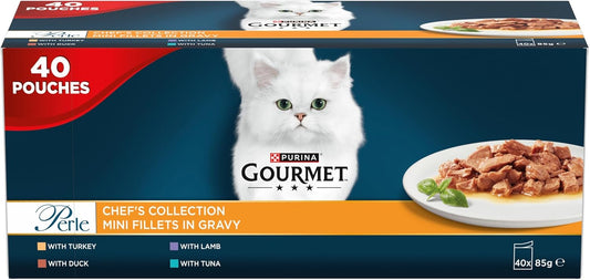 GOURMET Perle Chef's Collection Adult Wet Cat Food Mini Fillets in Gravy Variety Turkey, Tuna, Duck, Lamb 40 x 85g Pouches