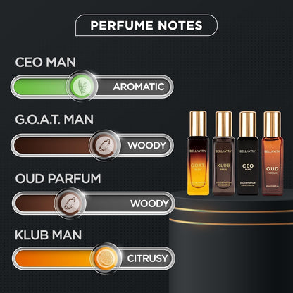 Bellavita Luxury Men's Gift Set - 4×20 ml | CEO Man, Klub, Oud & G.O.A.T. | Woody Citrus Spicy Aromatic Fragrance Set