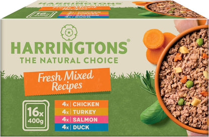 Harringtons Complete Wet Tray Grain Free Hypoallergenic Adult Dog Food Mixed Bumper Pack 16x400g - Chicken, Salmon, Turkey & Duck - Made with All Natural Ingredients, Packaging May Vary