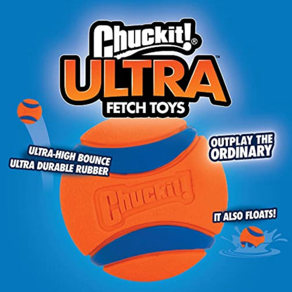 ChuckIt! Ultra Ball Dog Toy Chuckit Bucket Durable Rubber Dog Ball and Bucket High Bounce Floating Chuck It Launcher Compatible Toy Balls For Dogs with Carrier, 8 Pack, Medium