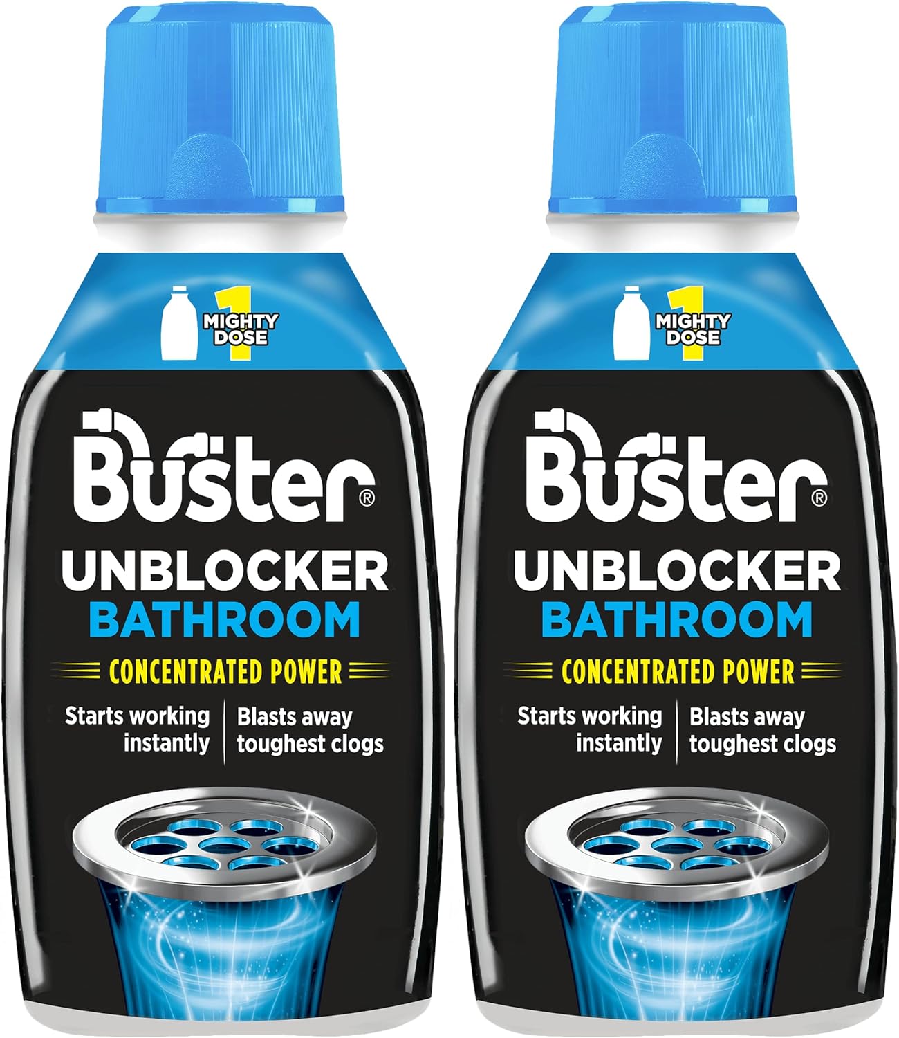 Buster Bathroom Drain Unblocker 300ml, Pack of 2 – Sink Unblocker Removes Hair & Sludge in Showers, Baths & Sinks. Fast-Acting Shower Drain Unblocker Clears Blockages & Slow-Draining Water