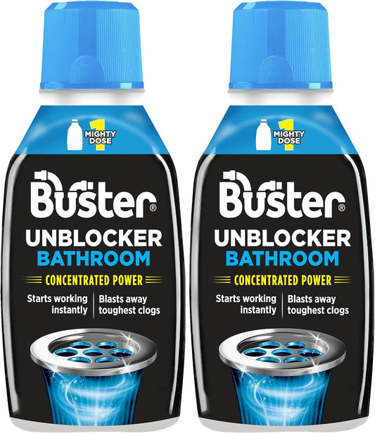 Buster Bathroom Drain Unblocker 300ml, Pack of 2 – Sink Unblocker Removes Hair & Sludge in Showers, Baths & Sinks. Fast-Acting Shower Drain Unblocker Clears Blockages & Slow-Draining Water