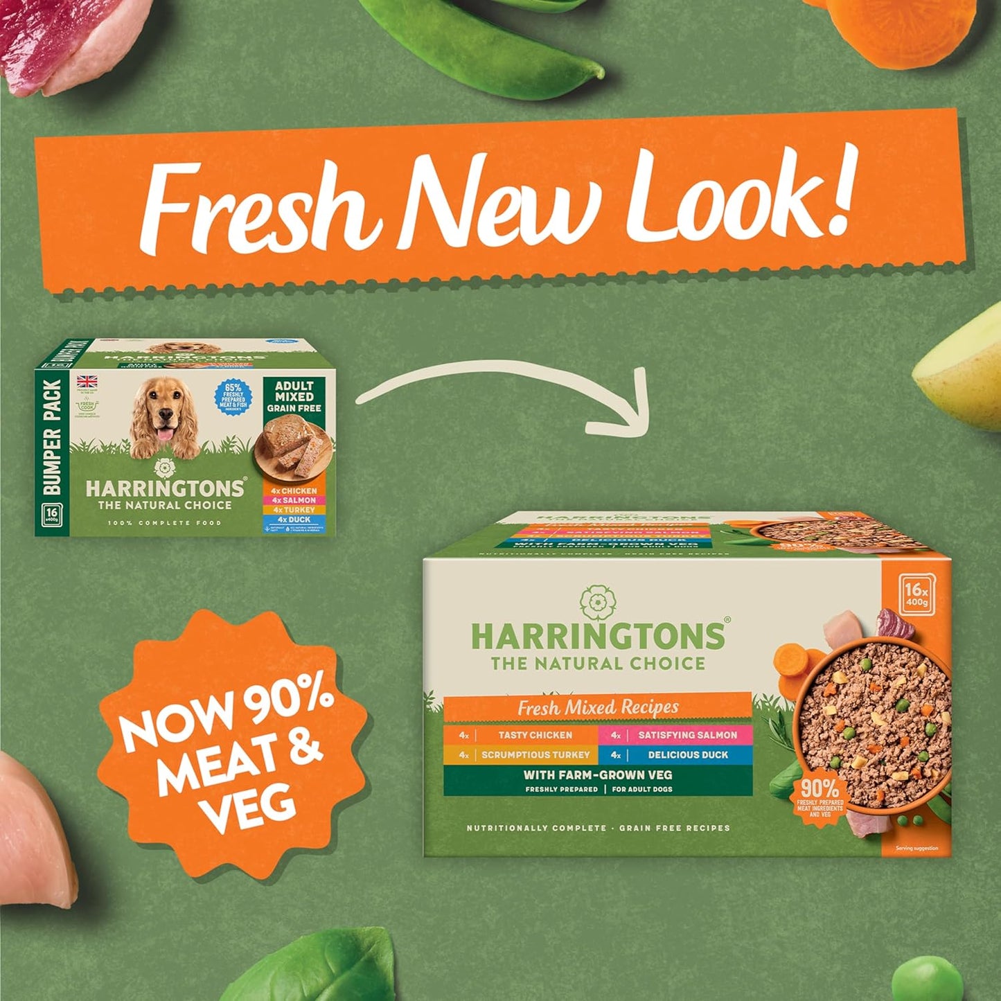 Harringtons Complete Wet Tray Grain Free Hypoallergenic Adult Dog Food Mixed Bumper Pack 16x400g - Chicken, Salmon, Turkey & Duck - Made with All Natural Ingredients, Packaging May Vary