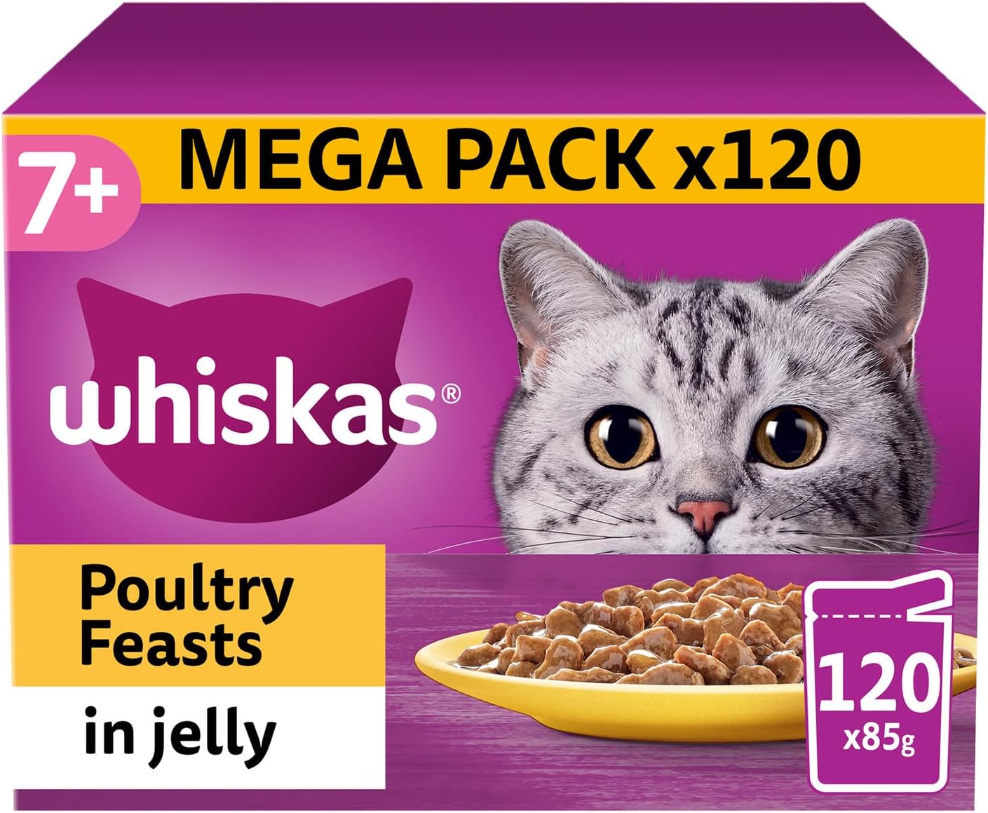 120 x 85g Whiskas 7+ Poultry Feasts Mixed Senior Wet Cat Food Pouches in Jelly