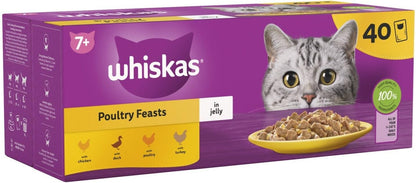120 x 85g Whiskas 7+ Poultry Feasts Mixed Senior Wet Cat Food Pouches in Jelly